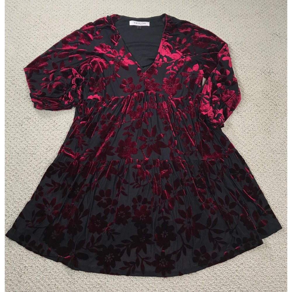 Taylor Burnout Velvet Floral Babydoll Dress Burgundy Black V-Neck Size 16